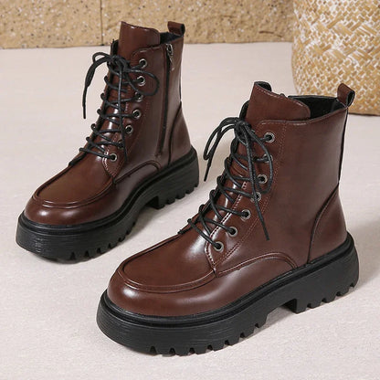 Women's Pu Leather Platform Ankle Boots Plus Size 35-42 Lace Up Motorcycle Boots Women Comfort Wide Leg Black Short Booties