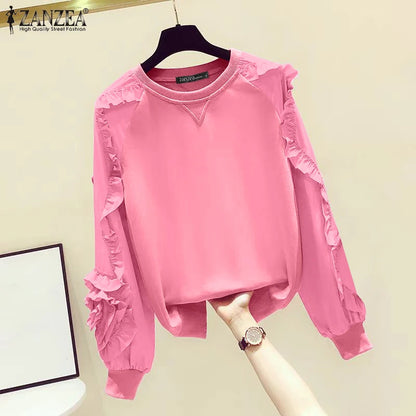ZANZEA Plus Größe Frauen Solide Sweatshirts Herbst Rüschen Nähte Tops Vintage Oansatz Lässige Mode Lange Puff Sleeve Pullover.
