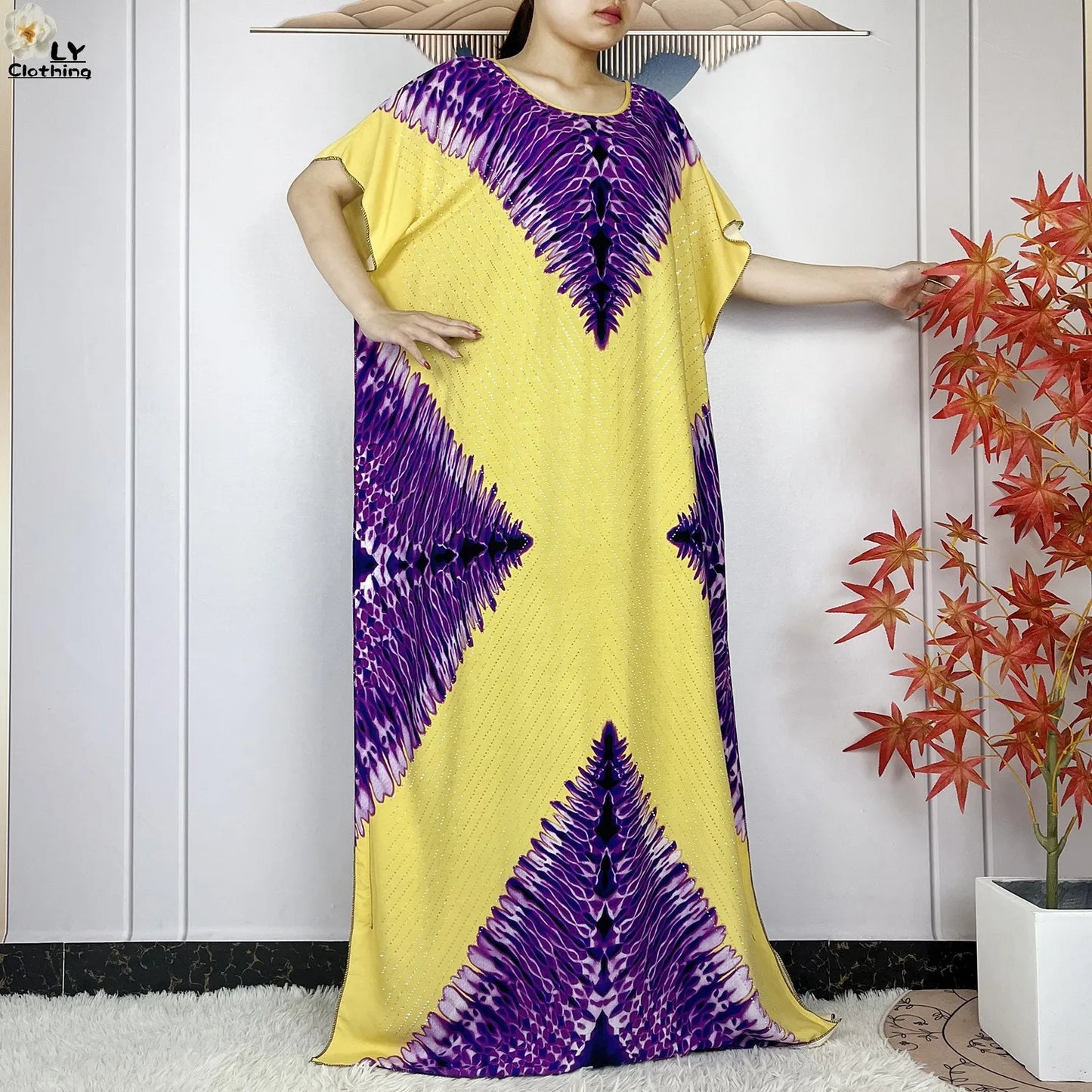 2024 New Muslim Women Dashiki Printed Dress Flower Diamonds Loose Dress With Big Scarf Islamic African Women Short Sleeve Abaya