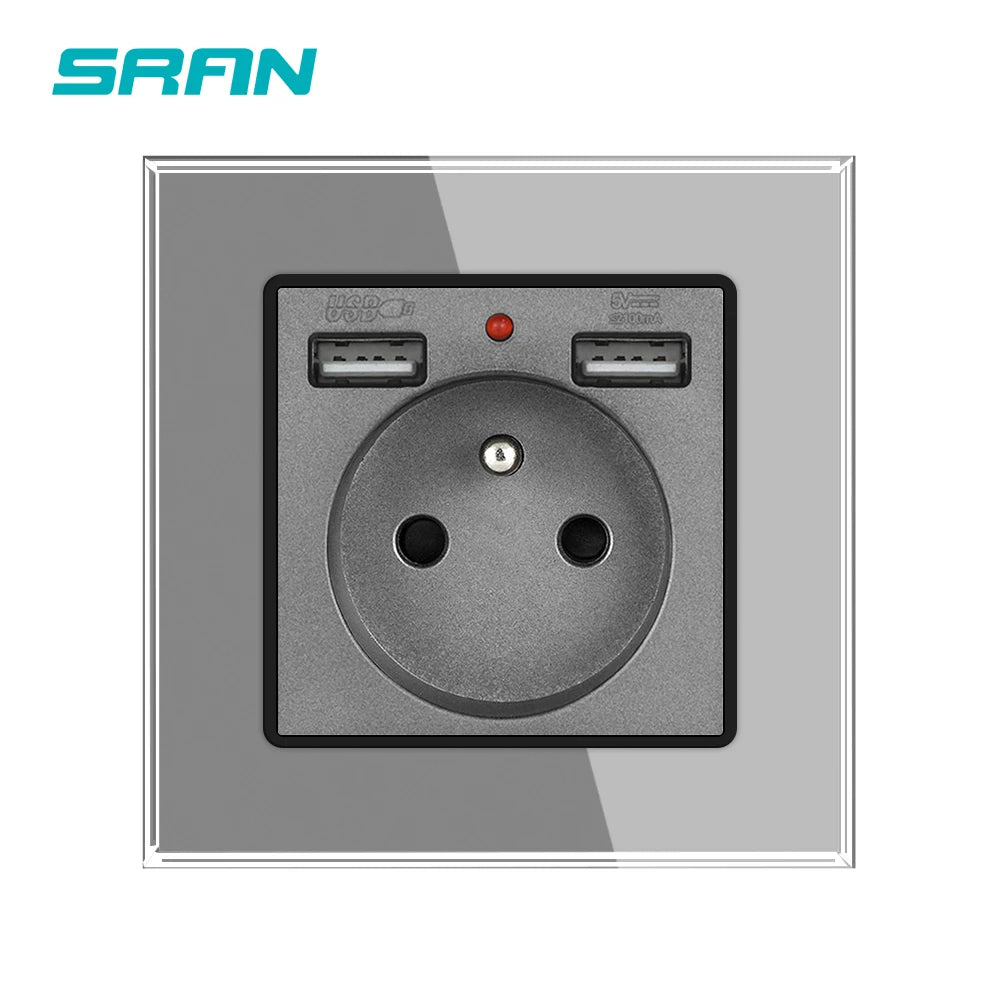 SRAN Französische USB-Wandsteckdose 5 V 2,1 A, Kristall-Hartglasscheibe 16 A 220 V 82 x 82 mm Steckdose Frankreich-Standard mit Abdeckung.