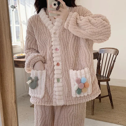 Verdickte Warme Flanell Frauen Nachtwäsche Loungewear Strickjacke Anzug Winter Süße Kawaii Weiche Fee Wind Damen Pyjamas Homewear.