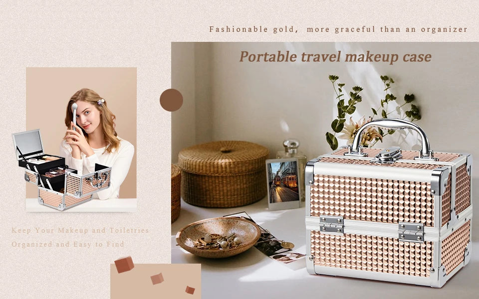 Makeup Case Portable Lock Alloy Unicorn Cosmetic Jewelry Nail Hair Accessories Storage Box with Mirror 2 Trays Make-up Suitcase.