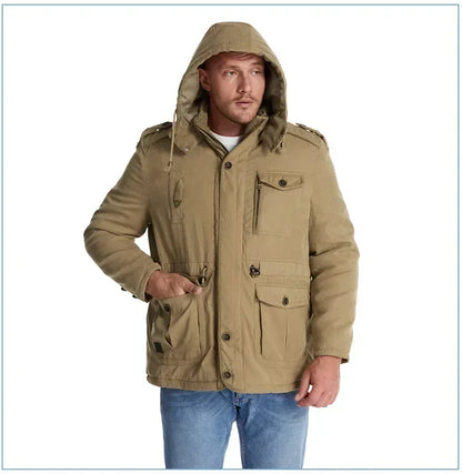 Men's Jacket WINTER USA SIZE Large SIZE Lamb Fleece JACKETS Hooded Cotton Thickened Multi Pocket Casual Mid length Coat