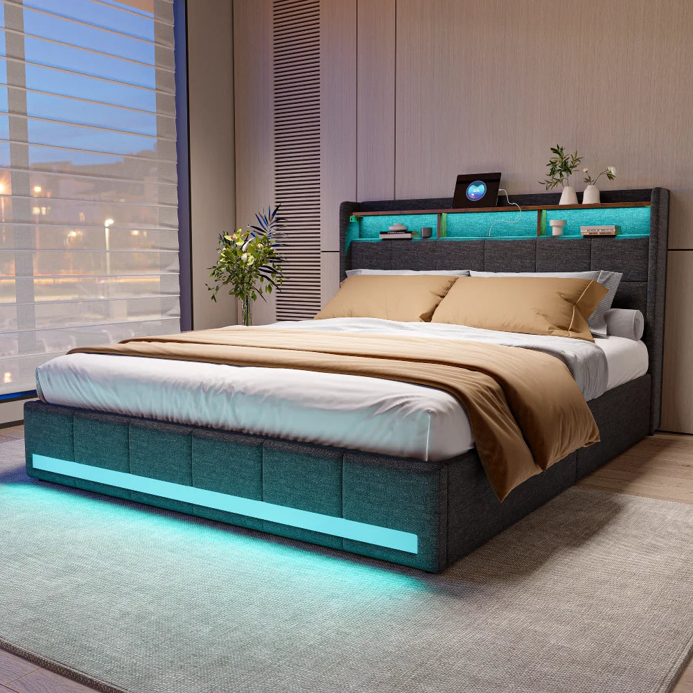 Anajqaqia 160 x 200 cm gepolstertes Doppelbett mit LED-Licht, mit Schublade, mit Aufladung