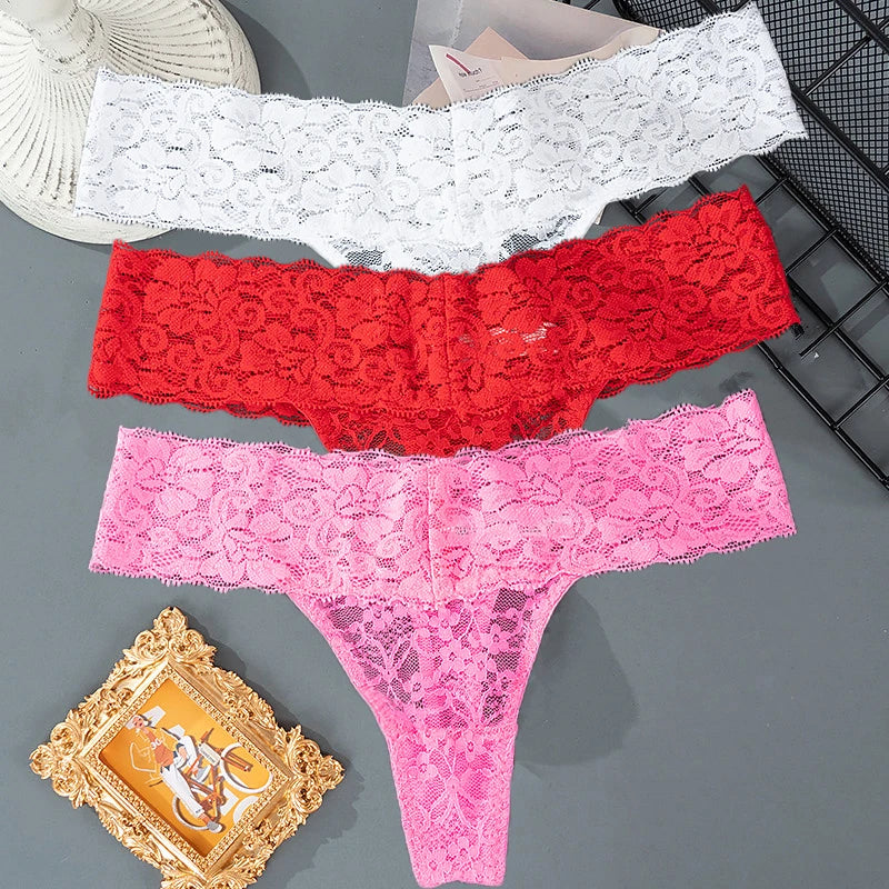3PCS Lace Floral Women Panties Low Waist Breathable Briefs Female Thong Underwear M-2XL Solid Sexy G-String Transparent Panty.