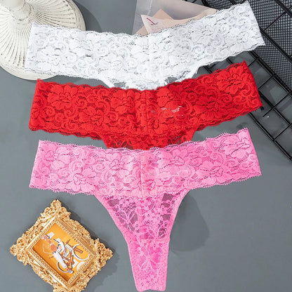 3PCS Lace Floral Women Panties Low Waist Breathable Briefs Female Thong Underwear M-2XL Solid Sexy G-String Transparent Panty.