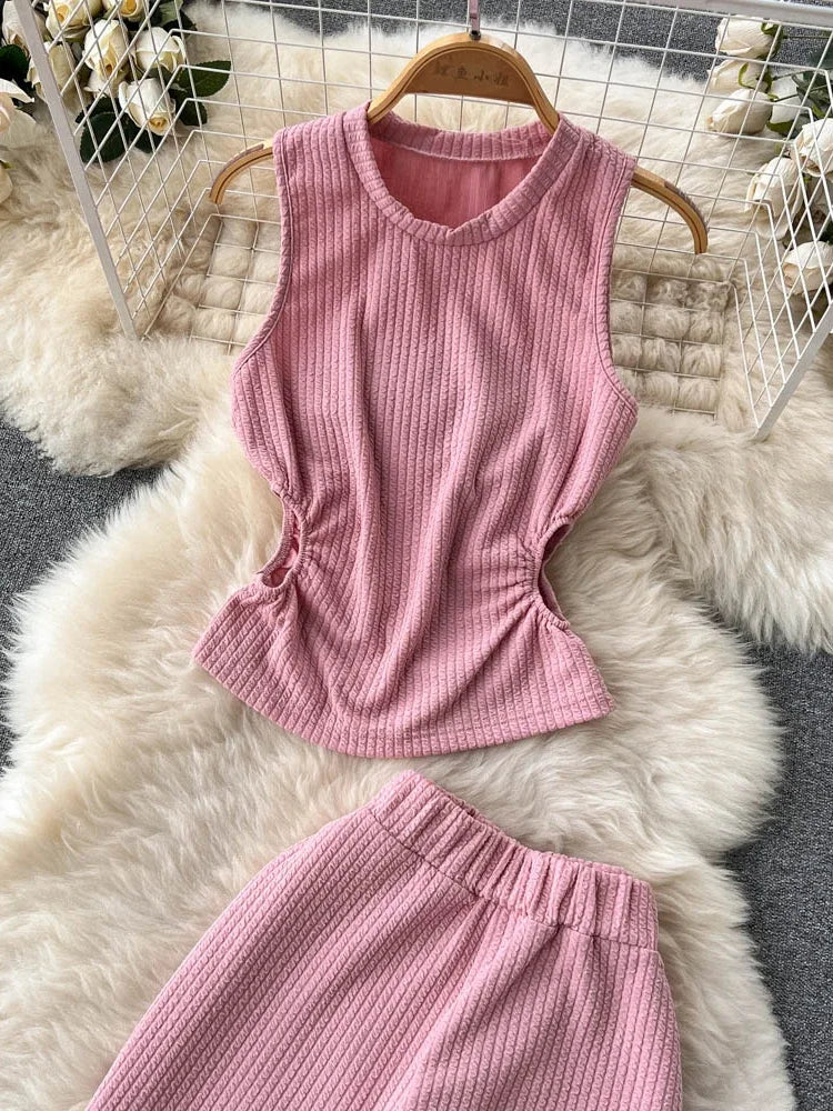 Korean Suits Women's Two Piece Set Summer Slim Fit Sleeveless O-neck Tops High Waist Slits Trousers Two-piece Suit Female D1109