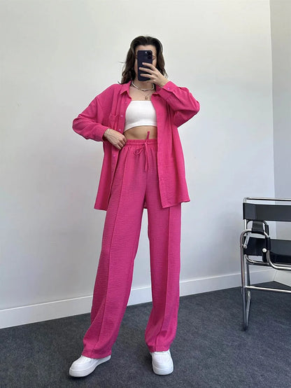 New Autumn Red Women Casual Two-piece Set, Features A Thin Long-sleeved Lapel Shirt Paired with Matching Drawstring Trousers.