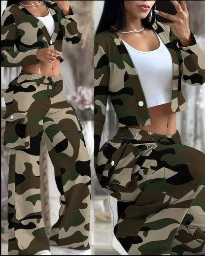 Women's Casual Two Piece Sets Spring Autumn Fashion Cardigan Long Sleeve Short Top Big Pocket Cargo Pants Sets 2024 Outifits