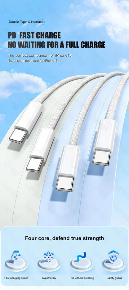 1-50Pcs 60W USB C to Type C Weaving Cable For Apple iPhone 11 12 13 14 15 16 Pro Max Plus Fast Charging Cable Phone Accessories.