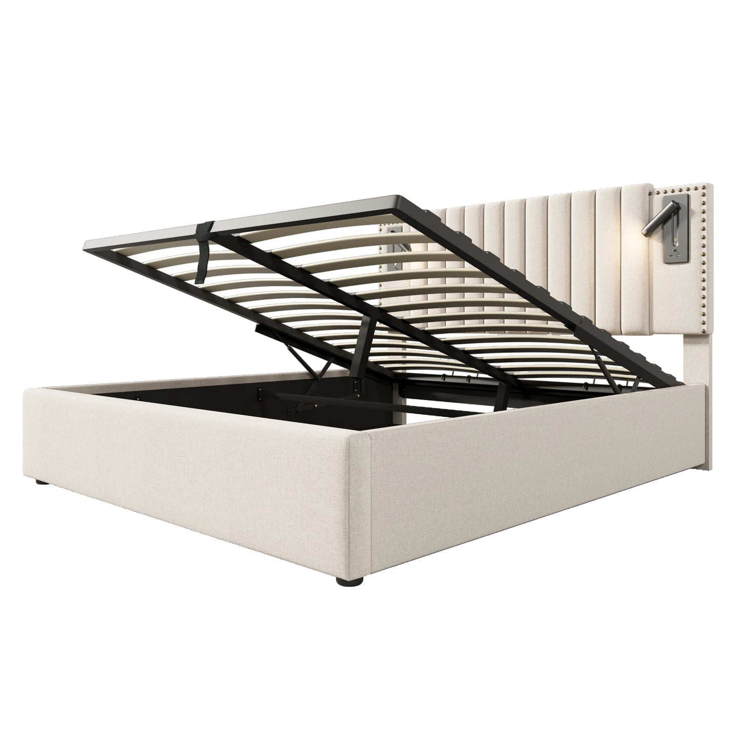 KOMHTOM Polsterbett Doppelbett, Leselicht und USB-Ladefunktion im Kopfteil, Baumwollmaterial, ohne Matratze
