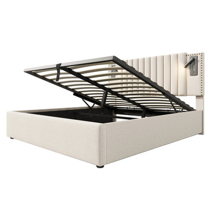 KOMHTOM Polsterbett Doppelbett, Leselicht und USB-Ladefunktion im Kopfteil, Baumwollmaterial, ohne Matratze