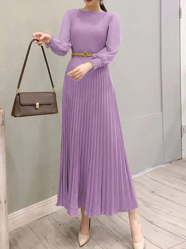 ZANZEA Elegantes Damen-Plisseekleid, edel, gesmokte Bündchen, langärmelig, O-Ausschnitt, Fit und Flare, lang, Vestidos, Pendeln, solide Party-Roben