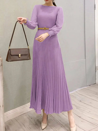 ZANZEA Elegantes Damen-Plisseekleid, edel, gesmokte Bündchen, langärmelig, O-Ausschnitt, Fit und Flare, lang, Vestidos, Pendeln, solide Party-Roben