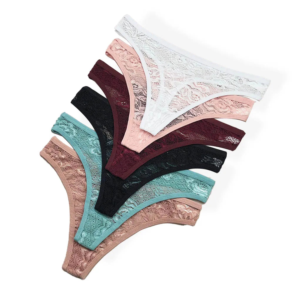 Moonflame 5Pcs Lace Cotton Thongs Underwear Lingerie For Women T-back Ladies Transparent G-string Girls Panties.