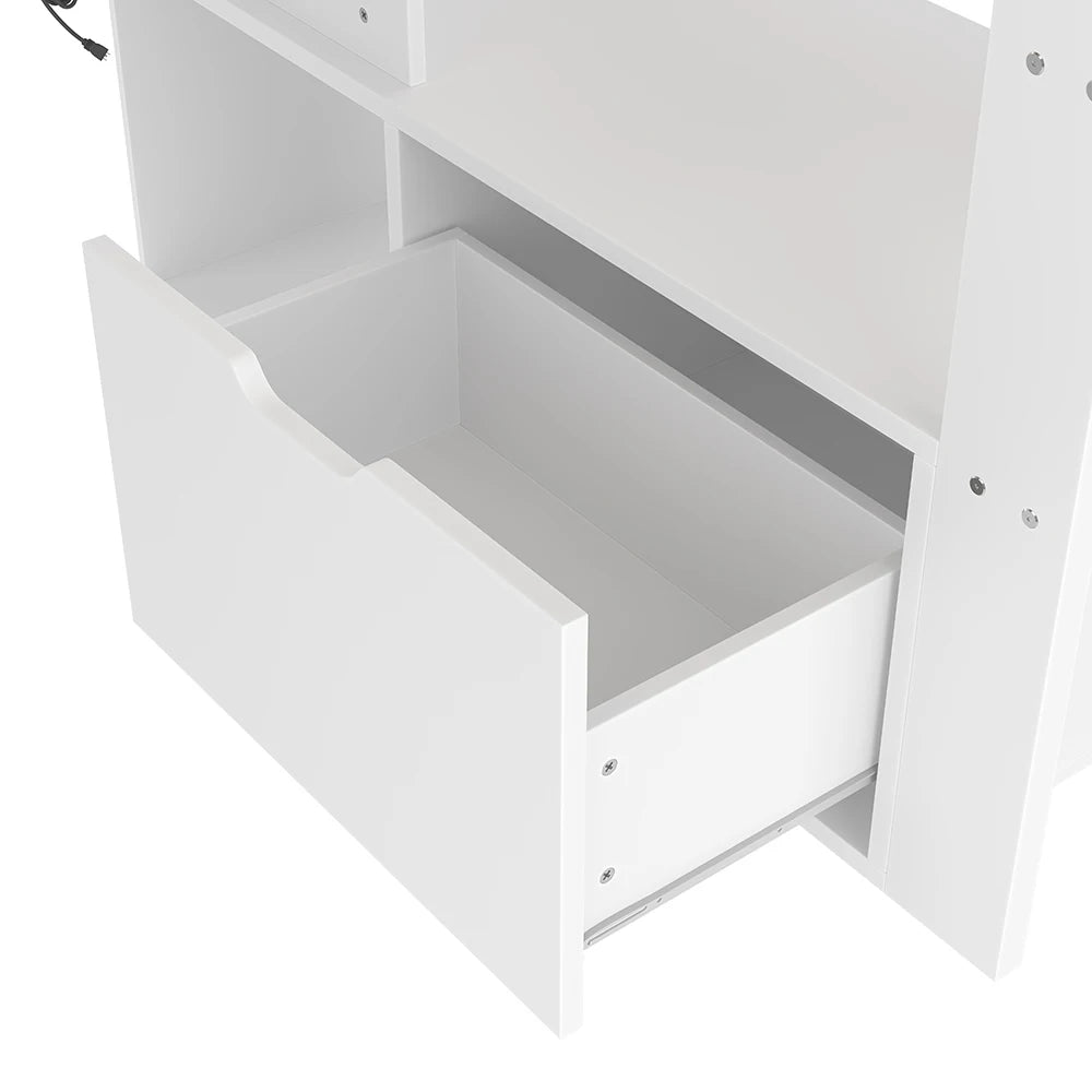 KOMHTOM Gaming Hochbett, Weiß, mit Schreibtisch, LED-Leuchten, Schublade und Regalen - Ohne Matratze