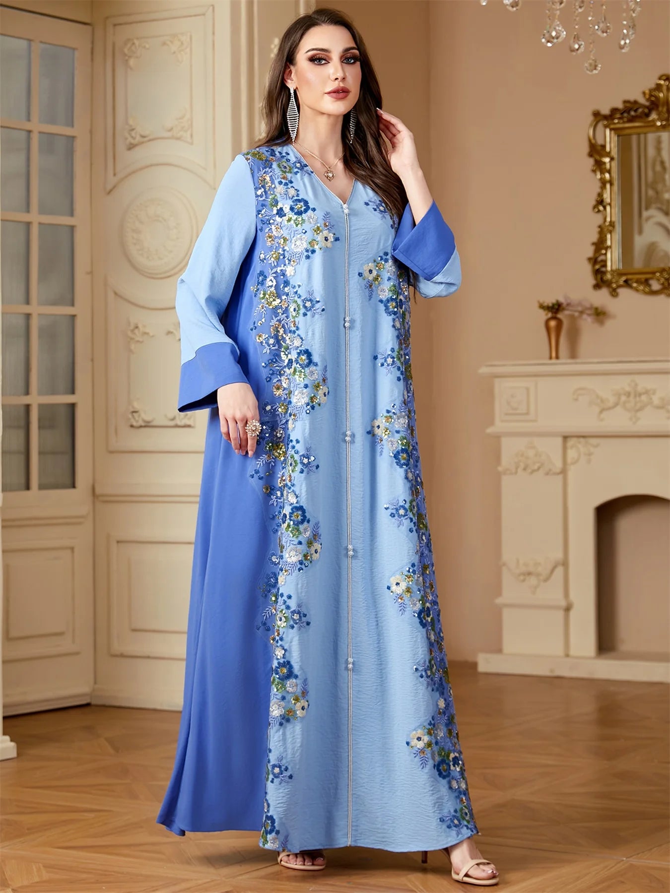 Siskakia Ramadan Dubai Woman’s Abayas Embroidered Sequin Floral Patter V-Neck Elegant Casual Kebaya Muslim Moroccan Long Dress.