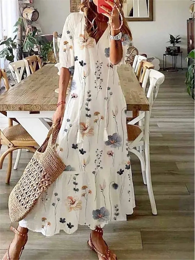 Neue frauen Frühling Sommer Kleid Sexy V-ausschnitt Kordelzug Gedruckt Lange-ärmeln Kleid Beiläufige Lose Mode Elegante Frische Süße kleid