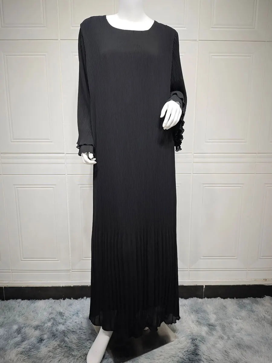 Siskakia Ramadan-Muslim Solid Wrinkle Dresses For Women's Dubai  Moroccan Petal Sleeve Abayas O-Neck Elegant Kebaya 2024