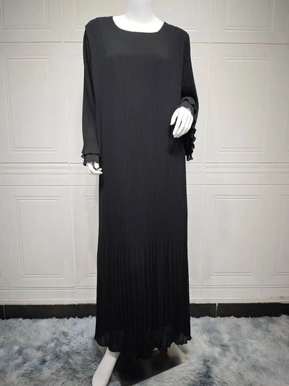 Siskakia Ramadan-Muslim Solid Wrinkle Dresses For Women's Dubai  Moroccan Petal Sleeve Abayas O-Neck Elegant Kebaya 2024