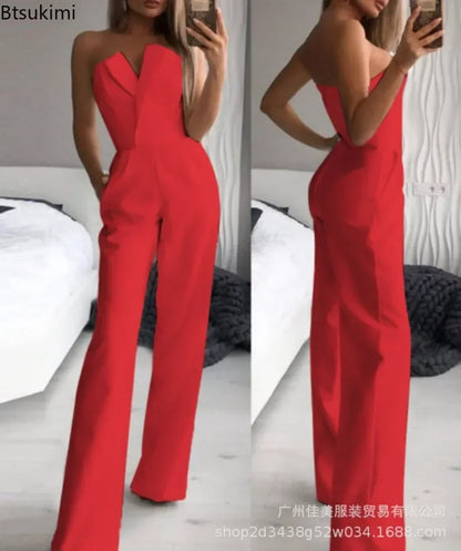 2025 Women's Elegant Jumpsuits Solid Off Shoulder Sexy Club Jumpsuit Female Sleeveless High Waist Slim Wide Leg Jumpsuit Pants.