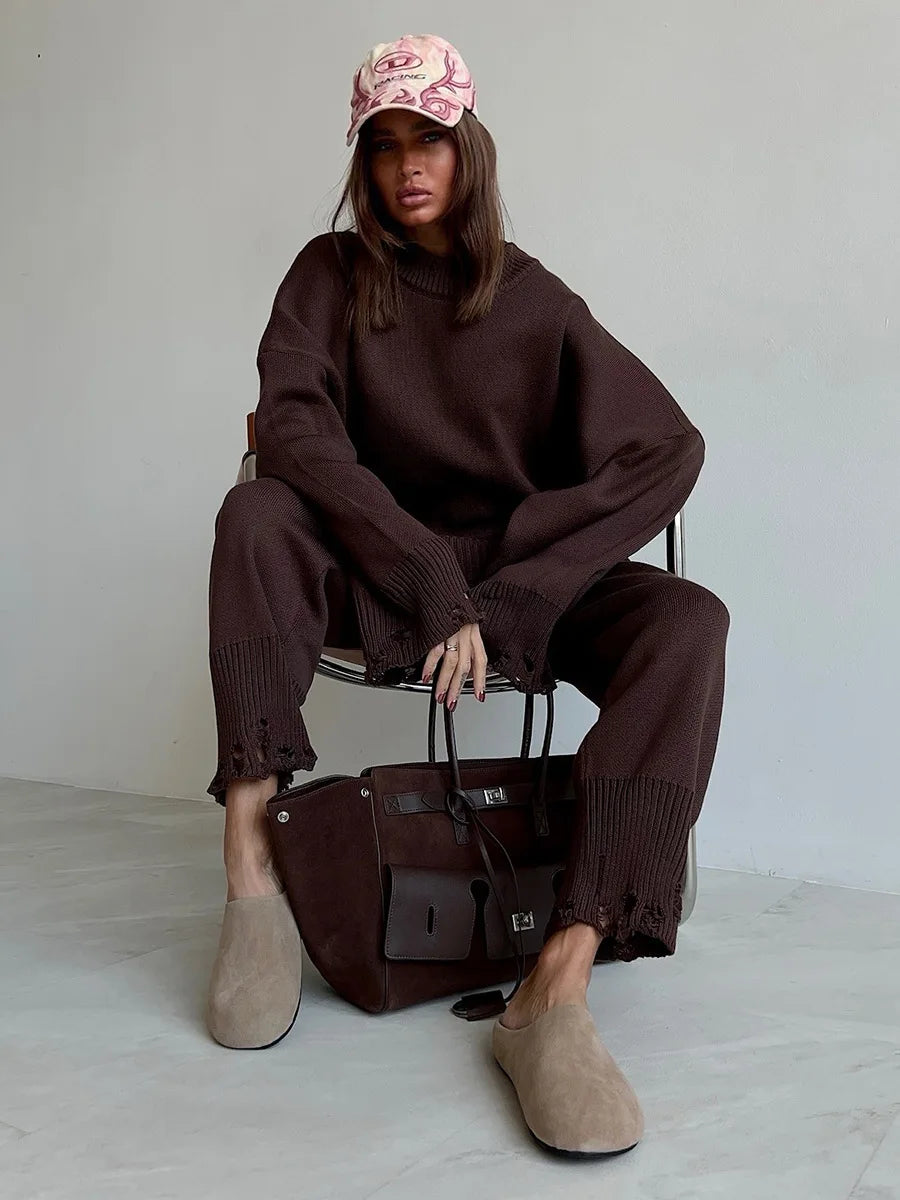 Bornladies Autumn Winter Women's New Turtleneck Knit Sweater Skinny Knit Pants Set Soft Oversized Ripped Hem Fashion Pullover