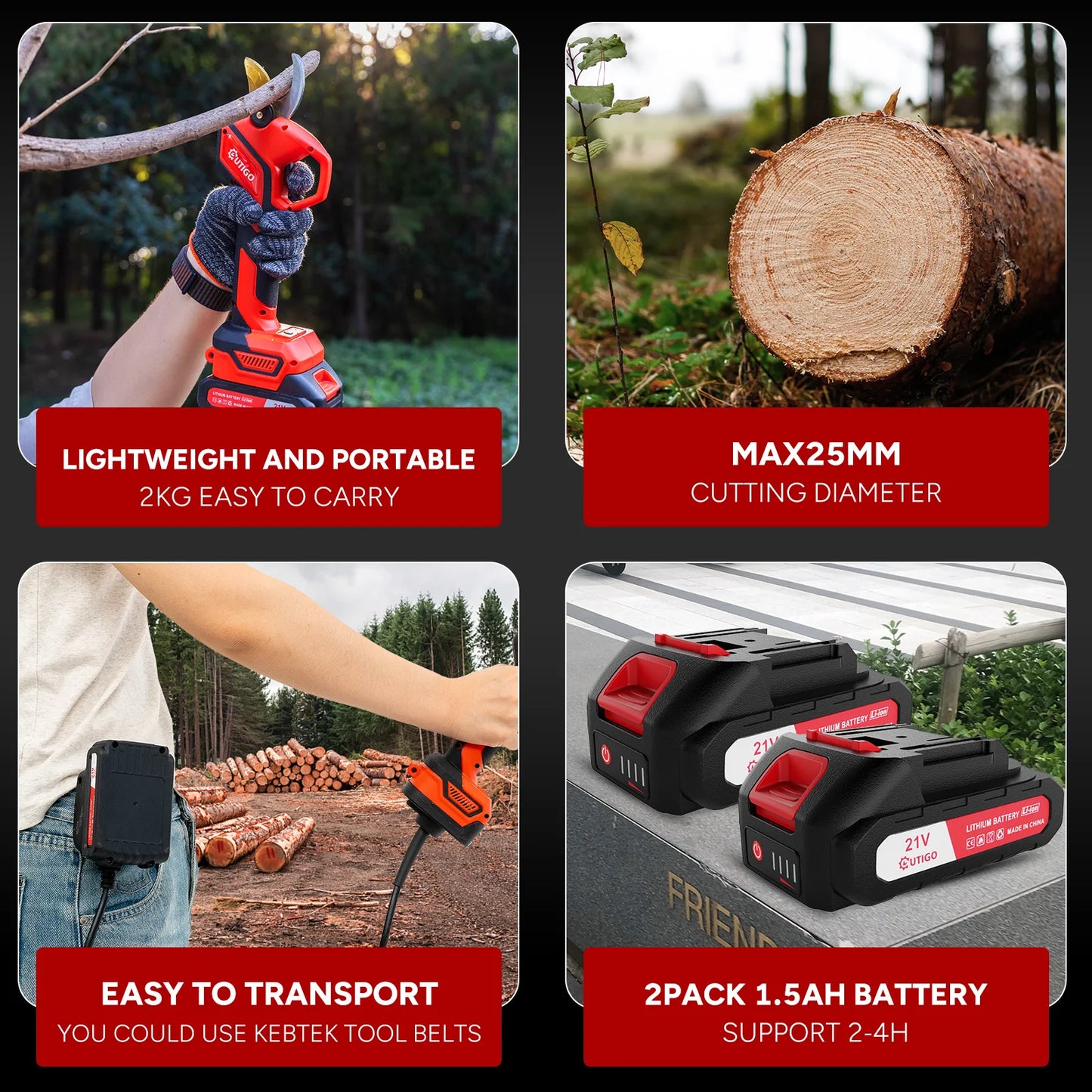 Professionelle Elektrische Gartenschere 25mm 2*1500mAh,2* 21v Lithium-Wiederaufladbar Akku Astschere, Rosenschere