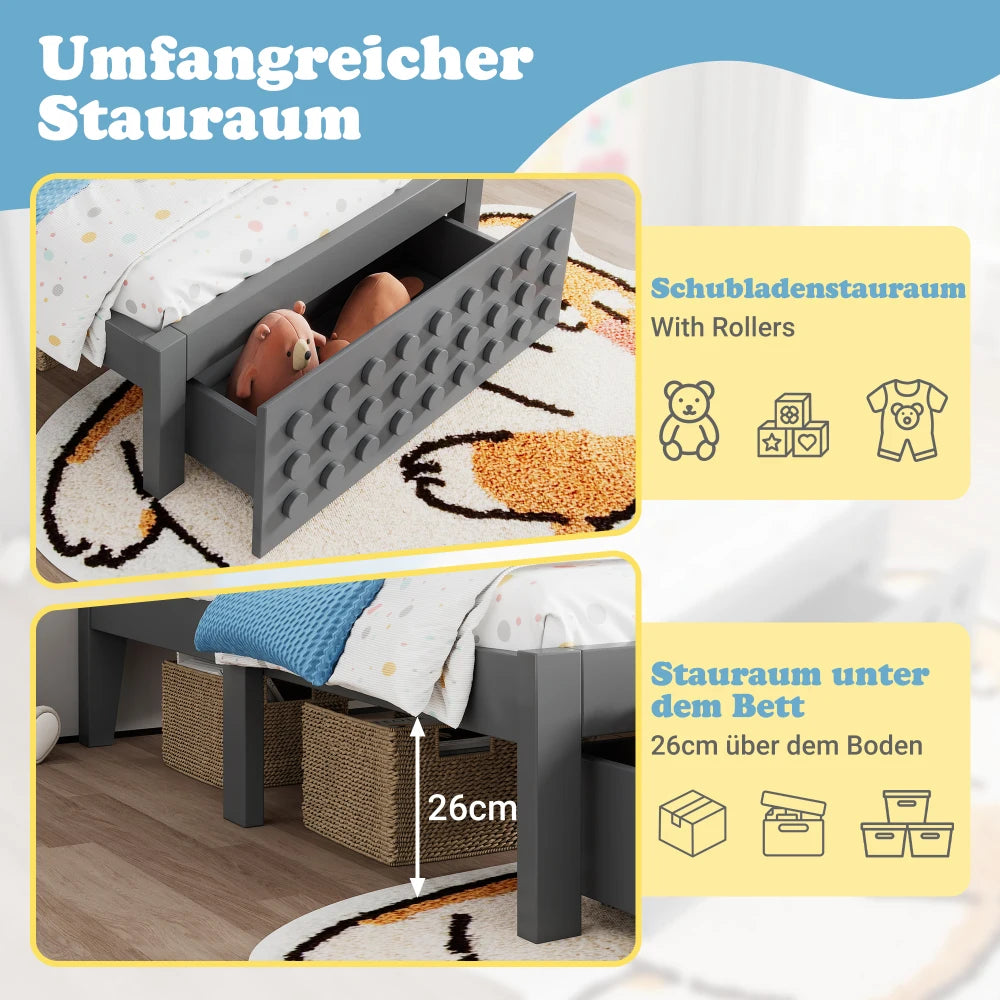 Jugendbett mit kreativem Blockdesign, Gestell aus Massivholz mit Gitterrost, mit Stauraum unter dem Bett, ohne Matratze