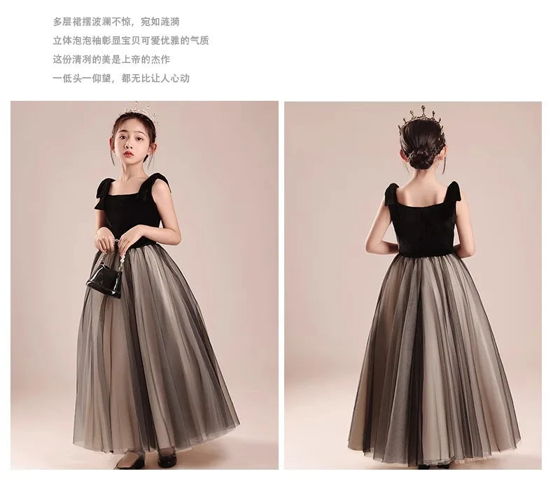 Kinderkleid Mädchen Mode Klavier Violine Performance Kleid Schwarz Samt Mesh Host Chor.
