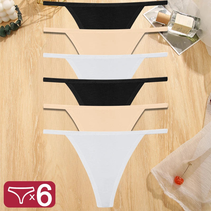 FINETOO 6PCS/Set Sexy Women Cotton G-String Underwear Low Waist Panties Girl T-back Panty Soft Thin Strap Femme Thong Lingerie