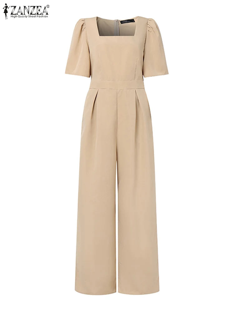 ZANZEA Street Fashion Elegant Womens Jumpsuits Sqaure Neck Short Sleeve Fitted Waist Wide Leg Pant Overalls Summer Streetwear.