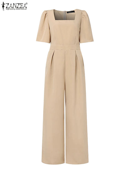 ZANZEA Street Fashion Elegant Womens Jumpsuits Sqaure Neck Short Sleeve Fitted Waist Wide Leg Pant Overalls Summer Streetwear.