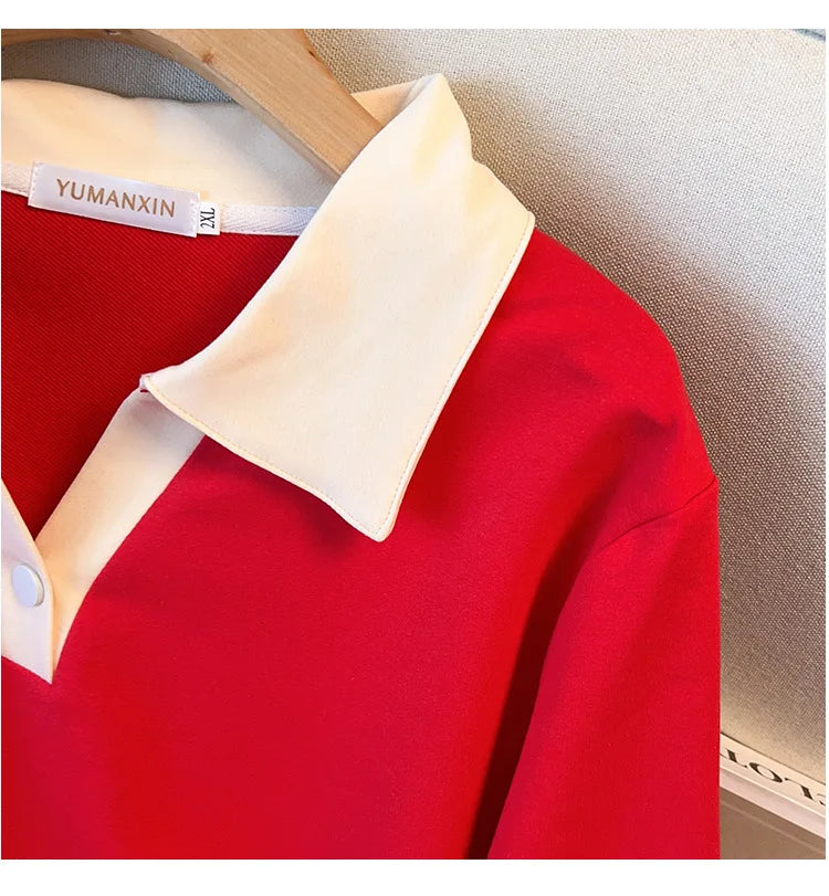 170kg plus size Damen büste Herbst lose Revers Langarm Sweatshirt schwarz rot 6xl 7xl 8xl 9xl 10xl 11xl.