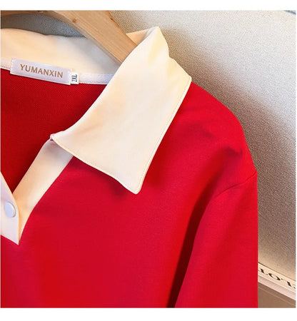 170kg plus size Damen büste Herbst lose Revers Langarm Sweatshirt schwarz rot 6xl 7xl 8xl 9xl 10xl 11xl.