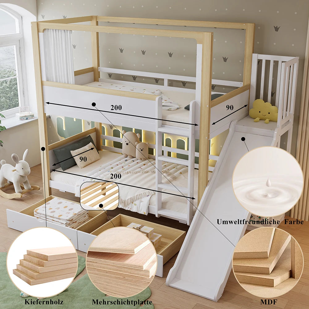 KOMHTOM Kinderetagenbett mit 2 Schubladen (mit Rollen), Kinderrutsche, 90x200cm