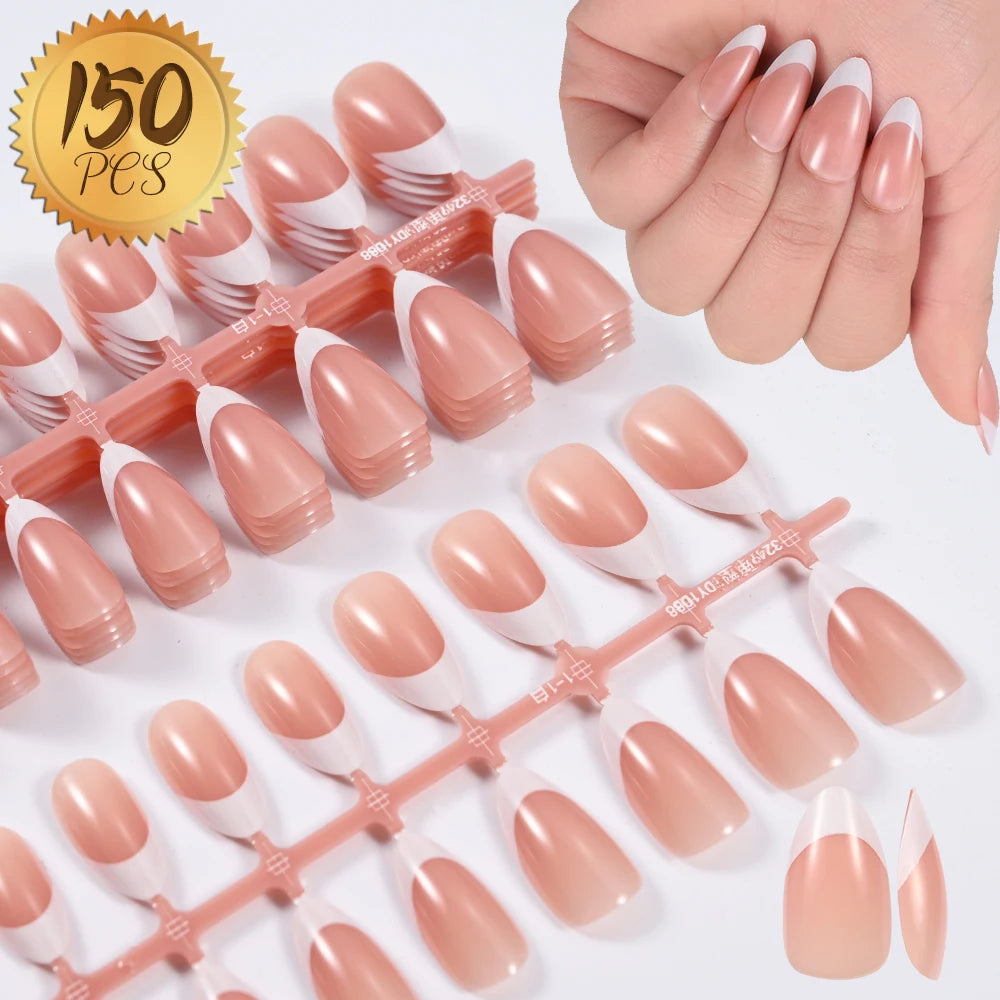 150Pcs Pre-made French False Nails Scarless Coffin Almond Fake Nail Artificial Fingernails Press on Nails for Nail Extension.