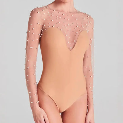 Elegant Women Slim Fit Bodysuit Rompers Pearls Beaded Patchwork One Piece Jumpsuit Causal See-through Tulle Long Sleeve Playsuit.