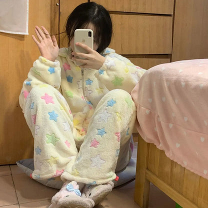 Y2k Star Printed Pajama Sets Women Winter Coral Velvet Soft Warm Loose Gentle Girlish Kawaii Student Dormitory Sleepwear Comfort.