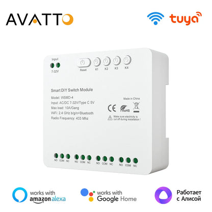 AVATTO Tuya WiFi 4-Kanal-Schaltmodul, 7–32 V/85–250 V RF433 Fernbedienungsrelais-DIY-Modul, funktioniert mit Alexa, Google Home, Alice.
