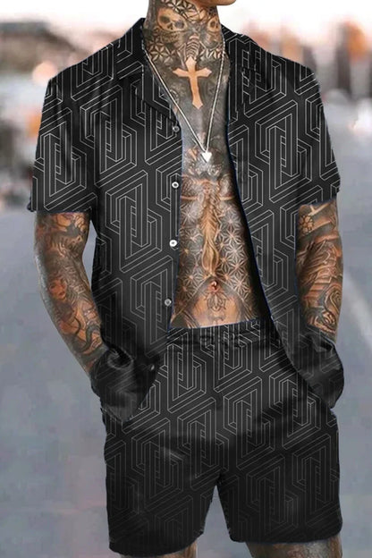 Fashion Men Sets Print Lapel 3D Print Short Sleeve Casual Hawaiian Shirt Beach Shorts 2 Pcs Set Vacation Hawaiian Man Suits.