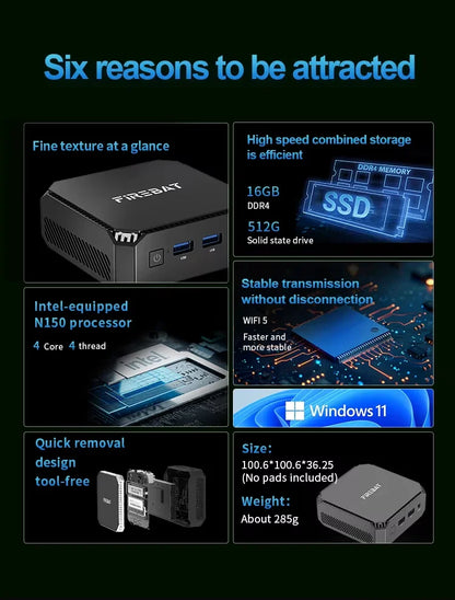 FIREBAT T2 Mini PC Intel N150 CPU Windows 11 DDR4 16GB RAM 512GB SSD WIFI5 BT4.2 Desktop Mini Computer For Work/Entertainment.