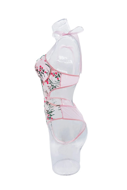 Sexy Pink Floral Embroidery Lingerie Bodysuit Hollow Out Strap Bow Tie Underwear Playsuit Backless Patchwork Mesh Erotic Romper.