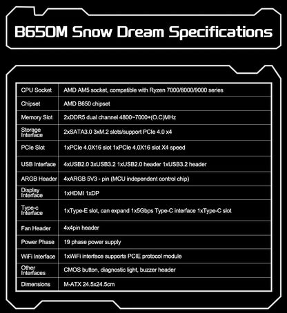 JGINYUE B650M Snow Dream AM5 DDR5 ARGB M-ATX Motherboard For Gaming PCIe 4.0×4 M.2 For CPU 9700X/9900X/7800X3D gaming pc DIY.