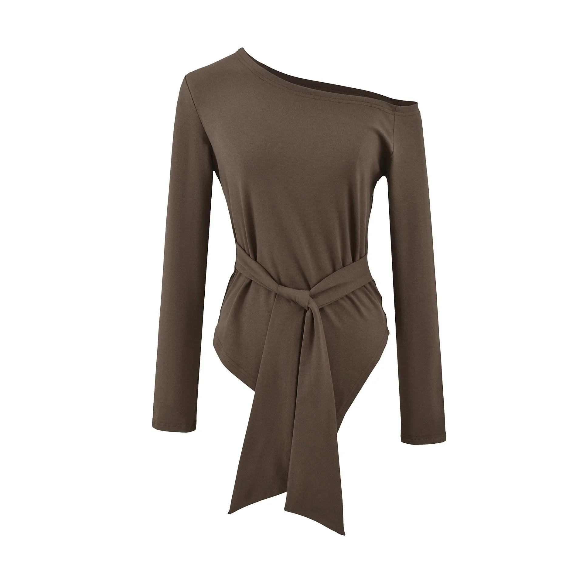 Sexy Long Sleeve T-Shirt Women's Waist Cinched Shoulder Bared Strap Design Autumn 2025 Irregular Halter Neck Top for Trendy Girl.