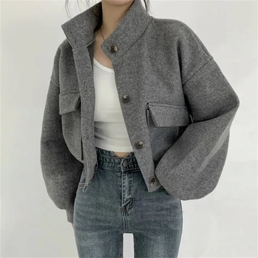 Korean Fashion Herbst Winter Mantel Frauen Neue In Stehen Neck Feste Taste Lose Jacke Dame Casual Straße Outwear Vintage Kleidung.