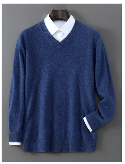 2025 Autumn Winter New Men's Wool Sweater Solid Color V-Neck Pullover Sweater Casual Loose Business Knit Plus Size Base Sweaters