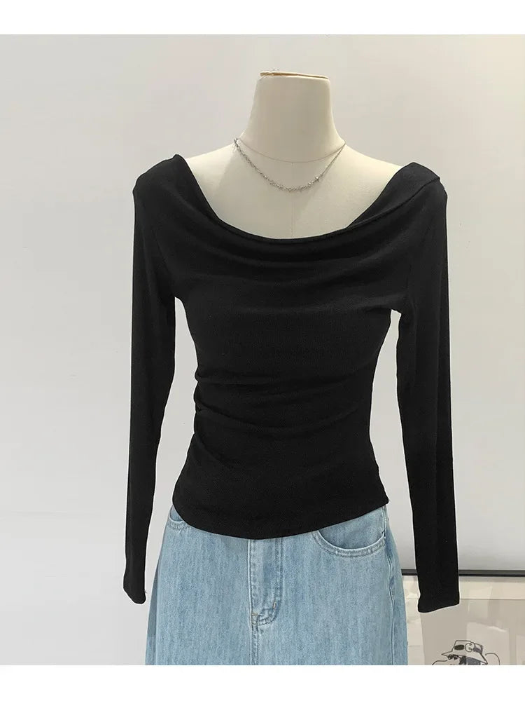 Off-The-Shoulder Long Sleeve T-Shirt Women's Early Autumn New Slimming Design Korean Style Sweet And Spicy Fashion Tops