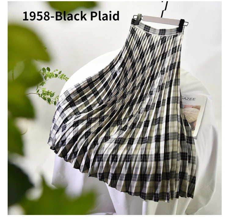 Looks Thin Pleated Skirt 2025 New High Waist A-line Skirt Mid-length Big Size Plaid Skirt Long Pleated Skirt Length 75-90cm