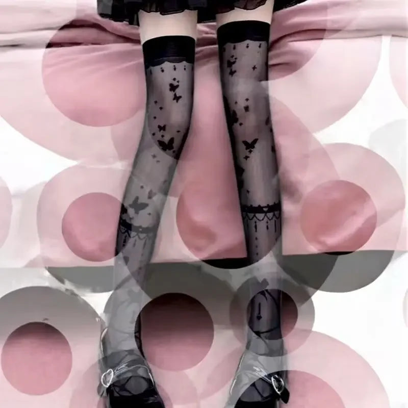 Lolita Butterfly Over-Knee Socks Women's Summer Thin Sexy Black White Long Tube Stockings Thin Material Knee High Tights.