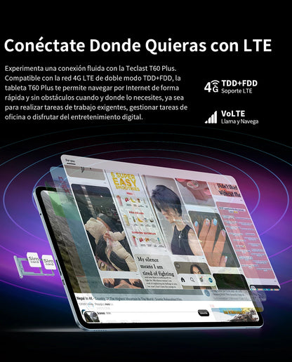 【New】Teclast T60 Plus 12 Inch Tddi 90Hz 2K Screen 2000X1200 Android 14 Widevine L1 Mtk Helio G88 (6Gb Ram+10Gb Expansion)16Gb/128Gb 8000Mah Battery 4g Lte Dual Sim Tf up to 1Tb